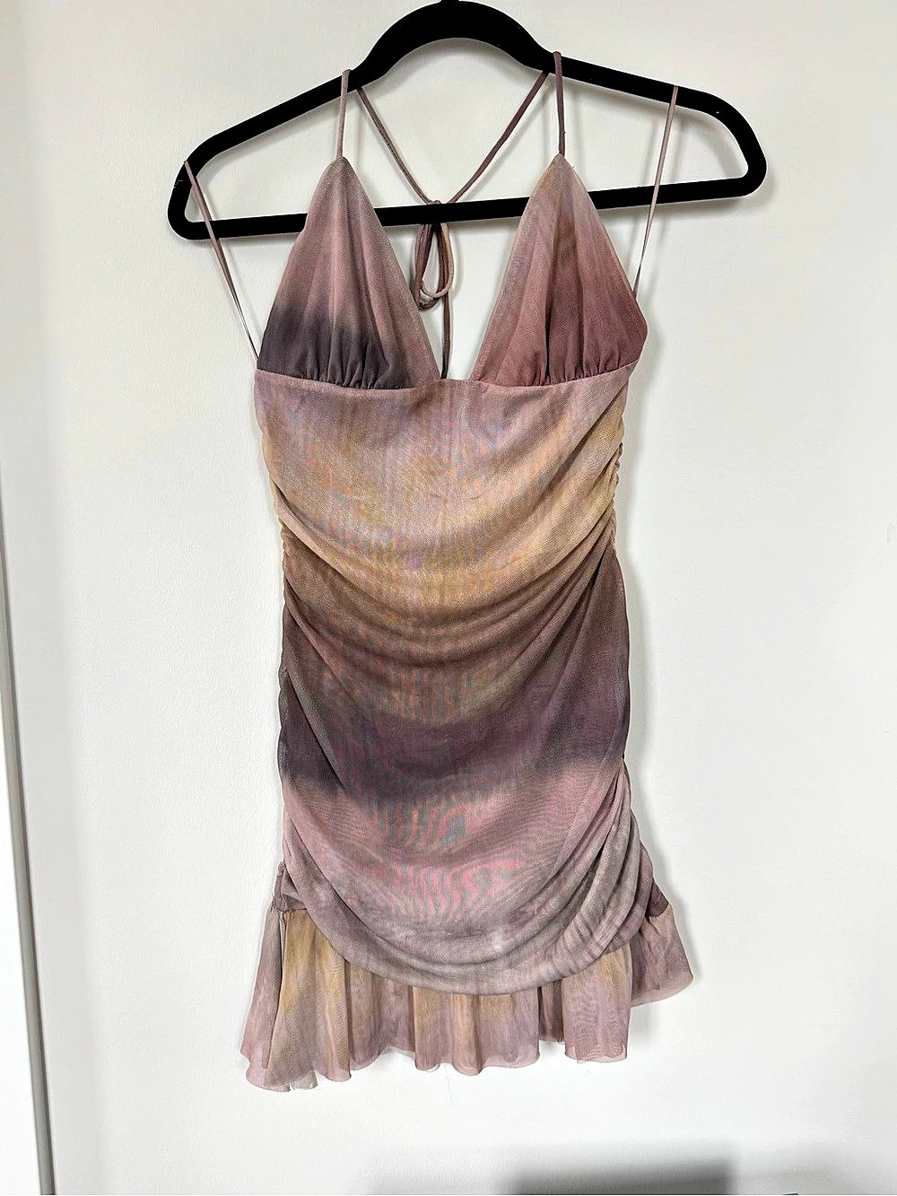 Pull&Bear Mauve Mesh Ruched Ruffle Mini Dress Size M